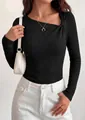 Close-up of black ribbed knit top with asymmetrical knot neckline detail - Black