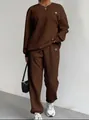 Elegant women's brown cable knit two-piece set with long sleeve top and jogger pants - S / Top And Bottom / Coffee