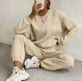 Women's cozy beige cable knit two-piece lounge set including long sleeve top and joggers. - S / Top And Bottom / Khaki