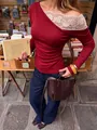 Close-up of French lace splicing on burgundy one-shoulder long-sleeved T-shirt - S / Tops / Red