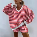 Women's oversized red and white striped V-neck long-sleeve sweatshirt and shorts set. - S / Top And Bottom / Red
