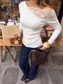 French style white lace patchwork one-shoulder long sleeve T-shirt in elegant library setting - S / Tops / White
