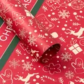 Red Christmas wrapping paper with white festive patterns like snowflakes and reindeer - Striped Christmas Reindeer / 20 Sheets/Pack (53x56cm) / Red