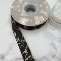 Elegant 2.5cm black satin ribbon featuring a luxurious gold marble splatter pattern - 2.5cm*25 Yards / Black