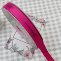 Fuchsia grosgrain ribbon with black Serendipity cursive print for gift wrapping - Serendipity / 1.5cm x 50 Yards / Barbie Pink