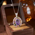 Detailed macro view of S925 silver amethyst pendant with multi-color gemstones - Natural Amethyst Necklace