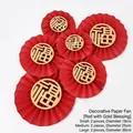 Set of 6 red and gold Chinese New Year paper fans with Fu character decorations - Red Pleated Fan Set (Fu Character) / Set of 6