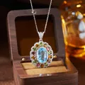 Detailed view of an S925 silver necklace with a blue topaz and colorful gemstones - Natural Topaz Necklace