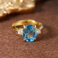 Macro view of a luxury Swiss Blue Topaz ring with a large oval blue gemstone and gold finish - Natural Topaz Gold