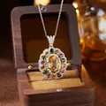 Detailed view of S925 silver pendant with oval citrine and colored gemstones in wood box - Natural Citrine Necklace