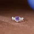 Close-up of s925 silver ring featuring a heart-shaped purple stone and leaf motifs. - Natural Amethyst Ring