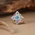 Detailed macro view of an S925 silver ring featuring multi-colored natural gemstones - Natural Topaz (R548) / Adjustable/With Gift Box