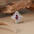 Close-up of a S925 sterling silver ring set with vibrant multi-colored natural gemstones - Natural Pyrope Garnet (R548) / Adjustable/With Gift Box