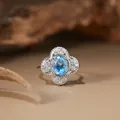 Close-up detail of an S925 sterling silver ring featuring a natural oval blue topaz gemstone - Adjustable / Natural Topaz Ring