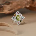 Macro detail of a vintage S925 silver ring featuring peridot and colorful gems - Natural Peridot (R548) / Adjustable/With Gift Box