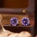 Close-up of elegant natural purple amethyst stud earrings set in S925 sterling silver - Stud Earrings / Natural Amethyst Stud Earrings