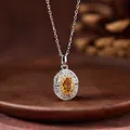 Close-up of S925 silver pendant with yellow citrine and radiant halo setting - Natural Citrine Necklace (Two-Tone Color)