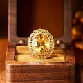 Large millenium cut natural citrine ring in gold-plated S925 silver - Ring / Natural Citrine + Gold