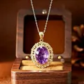Vintage 18k gold plated necklace with large natural oval purple amethyst stone - Pendant Necklace / Natural Amethyst + Gold