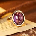 Detailed close-up of a vintage amethyst gemstone ring with a 24K gold-plated silver setting. - Amethyst (R611) / Natural Amethyst Ring