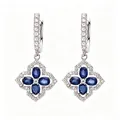 Elegant S925 sterling silver earrings with sapphire blue stones in a clover design. - Natural Sapphire Earrings / 31.6x15.2mm