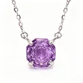 Detailed view of an octagon-cut purple amethyst gemstone pendant on a silver chain necklace - Natural Amethyst Necklace