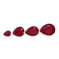 Four loose lab-grown pear cut pigeon blood red rubies displayed in varying sizes - 3*5mm / Without Certificate / Pigeon Blood Red