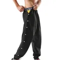 Close-up of men's black quick-dry sports joggers with white snap buttons on the side - S / Bottoms / Black + Black