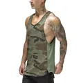 Side view of men's breathable army green camouflage gym tank top with mesh paneling - S / Tops / Green Camo