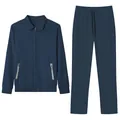 Men's navy blue casual 2-piece set with jacquard texture, zip jacket, and trousers. - Navy Blue
