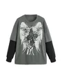 Detailed view of oversized fake two-piece T-shirt with angel wing and rose graphic print - M / Tops / Gray