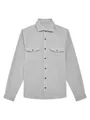 Detailed view of a grey men's casual shirt jacket featuring two buttoned chest pockets. - S / Tops / Light Gray
