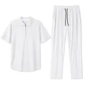 Front view of men's white casual 2-piece set with polo shirt and trousers - White