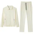 Detailed view of off-white waffle knit men's casual jacket and drawstring trousers set - S / Top And Bottom / Beige