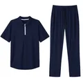 Men's navy casual two-piece set with zip-up short sleeve polo shirt and matching pants - Navy Blue