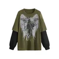 Oversized fake two-piece long sleeve T-shirt with gothic angel wings and floral print - S / Tops / Army Green