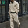Men's cream-colored ribbed 2-piece set featuring quarter-zip top and matching pants - S / Top And Bottom / Apricot