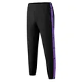 Close-up of black sports joggers featuring purple side stripes with snap button vents - S / Bottoms / Black Purple