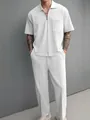 Men's 2-piece casual white set with short sleeve zipper polo shirt and matching trousers - S / Top And Bottom / White