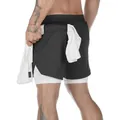 Pantalones cortos de running 2 en 1 para hombre con capa negra y blanca para fitness y deporte - M / Bottoms / Negro