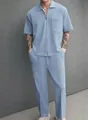 Men's casual 2-piece set with light blue zip-up polo shirt and matching long pants - S / Top And Bottom / Light Blue