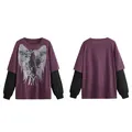 Purple fake two-piece long sleeve t-shirt with silver wing and rose graphic detail - S / Tops / Burgundy