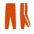 Bright orange snap button athletic pants featuring white side stripes and side slits. - S / Bottoms / Orange Red