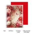 Papel de regalo kraft 120g vintage con rosas rojas y bordes de encaje decorativos - Juego de 10 hojas / Rojo