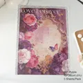 Papel de envolver flores rosas vintage morado con encaje, 5 hojas - Pack de 5 / Púrpura