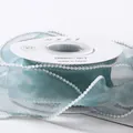Elegant teal turquoise fish tail gauze ribbon with decorative pearl beaded edges for floral art - 4.0CM*5 Yards / Plaster Green (Artificial Pearl Edge)