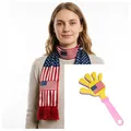 USA flag cheering set including stars and stripes scarf and yellow plastic hand clapper - USA Fan Kit / Scarf And Hand Clapper