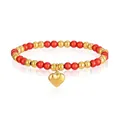 Primo piano del bracciale elastico con perline rosse e oro e ciondolo a cuore in acciaio - Stile Cuore Rosso (YB-1198G-RED)