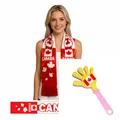 Detail view of Canadian flag fan scarf and yellow hand clapper set for matches - Canada Fan Kit / Scarf And Hand Clapper