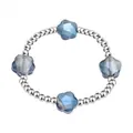 Detail view of blue flower faceted crystal beads and silver stainless steel beads bracelet - Silver Tone Dark Blue Plum Blossom Faceted Style (YB-1201S-BLU) / Blue